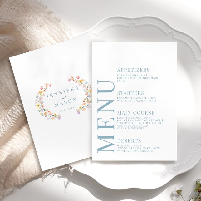 Pastellfarbene Wildblumen Hochzeitmenükarten Begleitkarte (Von Creator hochgeladen)