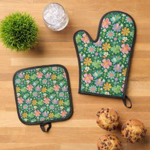Pastellfarbene Wildblumen in rosa, Lila orange und Ofenhandschuh & Topflappen-Set
