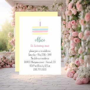 Pastellfarbener gelber Kuchen 1. Geburtstag Party Einladung