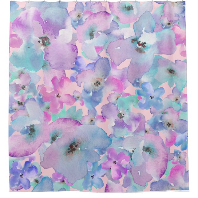 *~* Pastellfarbenes Muster Blau Pink Blume Duschvorhang (Vorderseite)