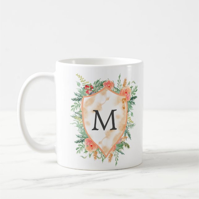 pastellfarbenes Wappen im Winter florale Monogramm Kaffeetasse (Links)