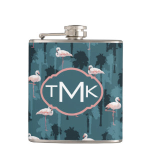 Pastellflamingos auf aquamarinem   Monogramm Flachmann