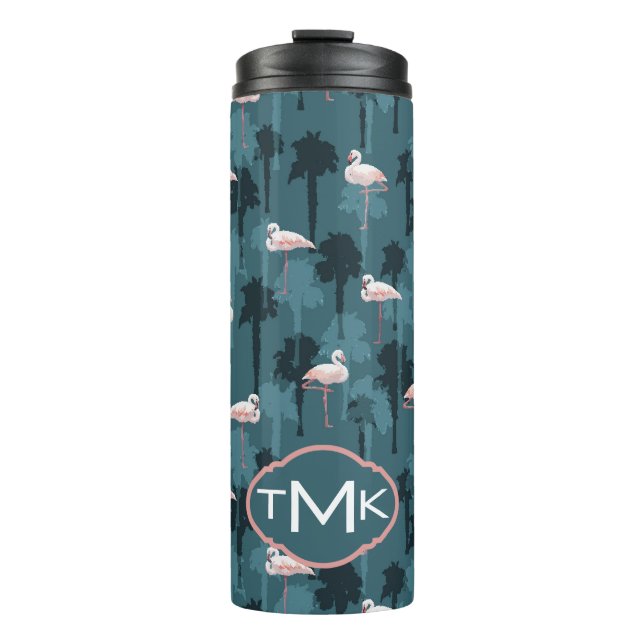 Pastellflamingos auf aquamarinem | Monogramm Thermosbecher (Vorderseite)