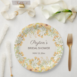 Pastellgelbe Aquarellfarben Blume Brautparty Pap Pappteller