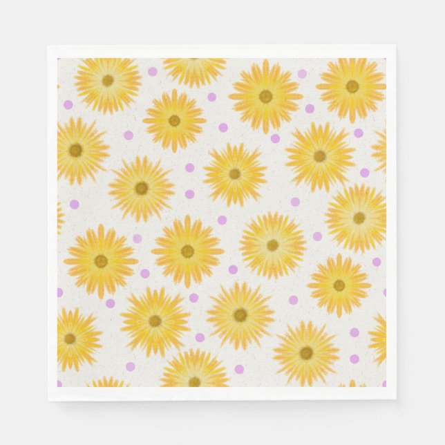 Pastellgelbe Daisy Lila Dot Hand gezogen Serviette (Vorderseite)