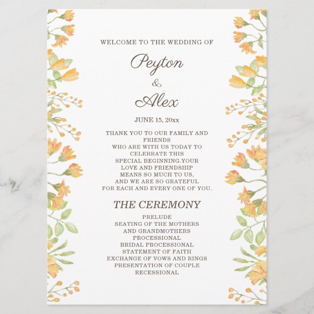 Pastellgelbe florale zweiseitige Hochzeitsprogramm Programm (Vorderseite)