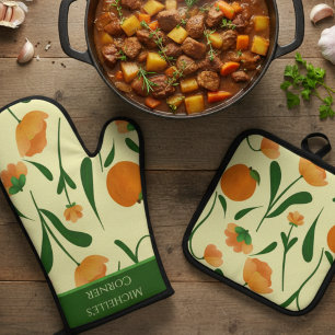 Pastellgelbe illustrierte Pfirsiche und Blumen Ofenhandschuh & Topflappen-Set