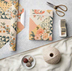 Pastellgelber Pfirsich-Quilt Gingham-Punkte Geschenkpapier