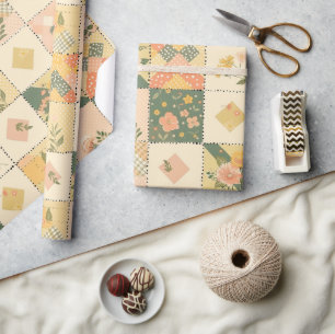 Pastellgelber Pfirsich-Quilt Gingham-Punkte Geschenkpapier