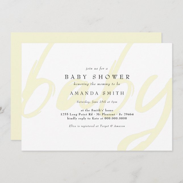 Pastellgelbes Minimalgeschlecht neutrale Babydusch Einladung (Vorne/Hinten)
