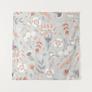 Pastellgrau Orange Blumen: Vintage-Eleganz Wandteppich
