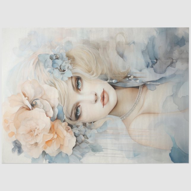 Pastellgrün pfirsichfarbenes Retro-Frauenportrait Seidenpapier (Vorderseite)