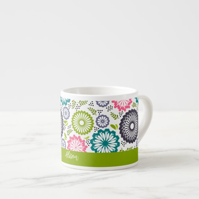 Pastellgrün rosa aquamarine Blume Vintag Espressotasse (Vorderseite Rechts)