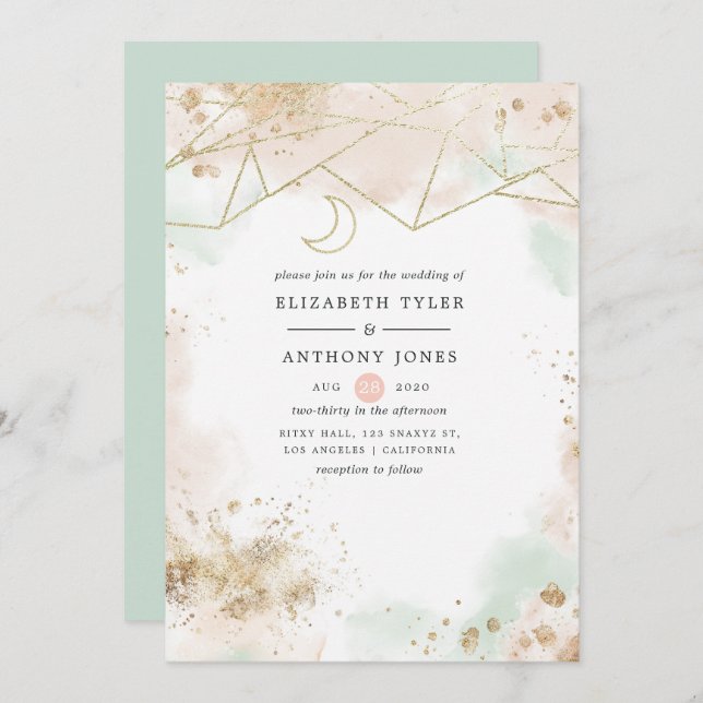 Pastellgrün und rot Geometrische Hochzeit Einladung (Vorne/Hinten)