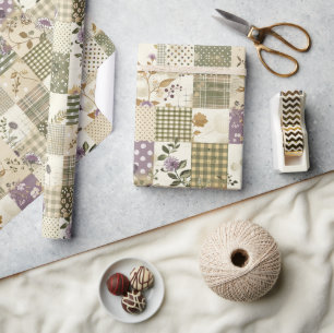 Pastellgrüne Fliederdecke Erdiges Gingham-Patchwor Geschenkpapier
