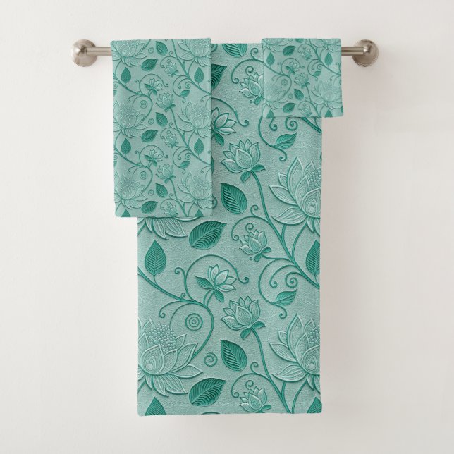 Pastellgrüne Lotus-Prägung Badhandtuch Set (Insitu)