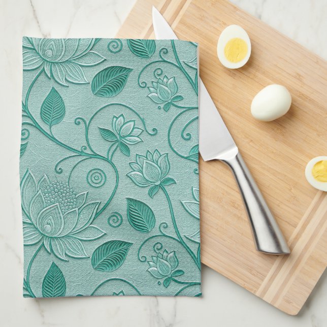 Pastellgrüne Lotus-Prägung Geschirrtuch (Viertel Falte)