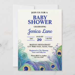 Pastellgrüne und blaue Pfauenfedern Baby Shower Einladung