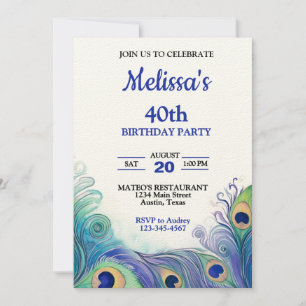 Pastellgrüne und blaue Pfauenfedern Geburtstag Einladung