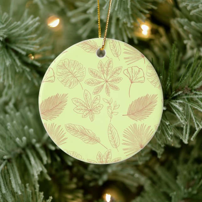 Pastellgrünes und Beiges Blätter-Muster  Keramik Ornament (Baum)