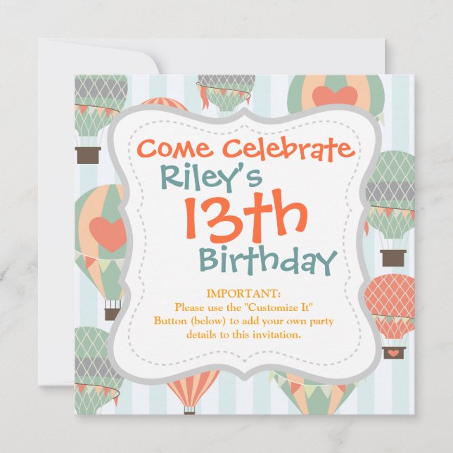 Pastellheiße Luftballons steigen auf blaugestreift Einladung (Vorderseite)