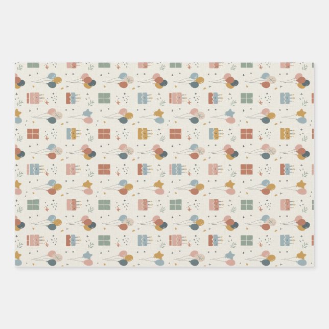Pastellkuchen, Luftballons & Konfetti Scandi Geschenkpapier Set (Vorderseite)