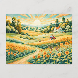 Pastelllandschaft mit Sonnenblumenfeldern und Pfad Postkarte