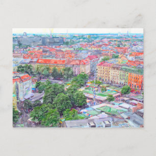 Pastellmalerei des Münchner Viktualienmarktes. Postkarte