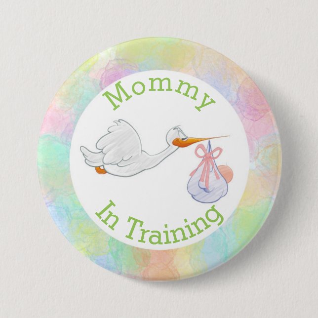 Pastellmama im Trainings-Storch mit Babyparty Button (Vorderseite)