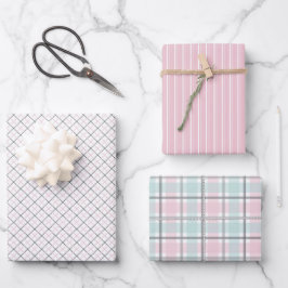Pastellmuster aus Rosa, Mint, Grau Karo & Streifen Geschenkpapier Set