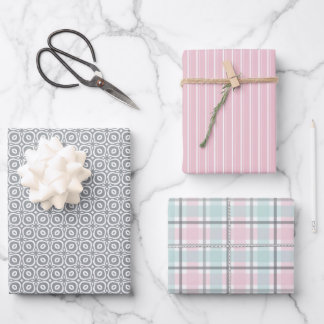 Pastellmuster aus Rosa, Mint, Grau Karo & Streifen Geschenkpapier Set