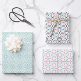 Pastellmuster aus rosa, mintgrünen und grauen geom geschenkpapier set