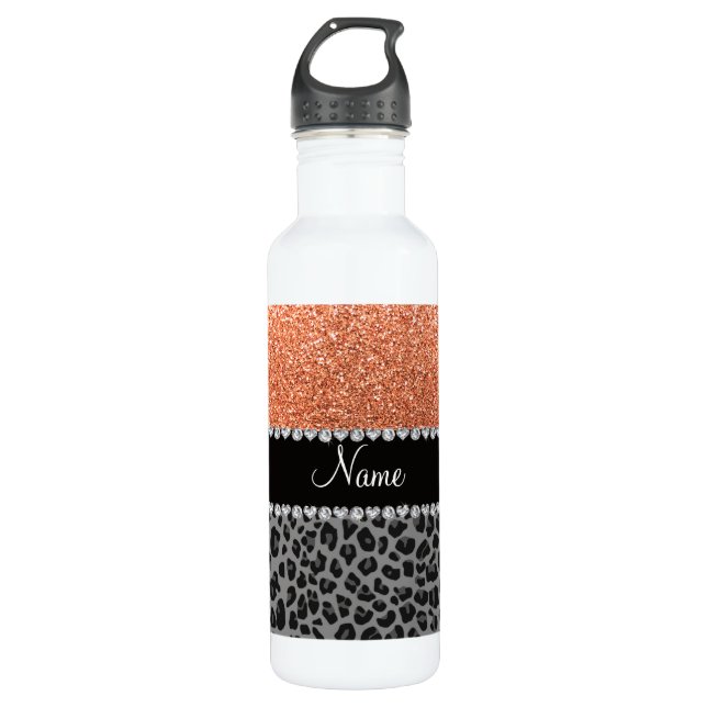 Pastellorange Glitzer schwarzer Leopard Trinkflasche (Vorderseite)