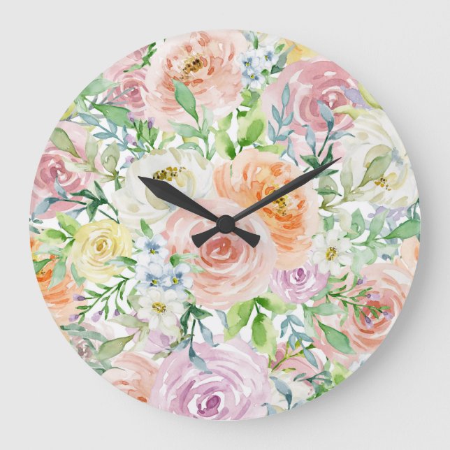Pastellromantischer Garten Große Wanduhr (Vorderseite)