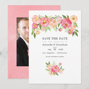 Pastellrosa Aquarell-Pfingstrosen Hochzeitsfoto Save The Date