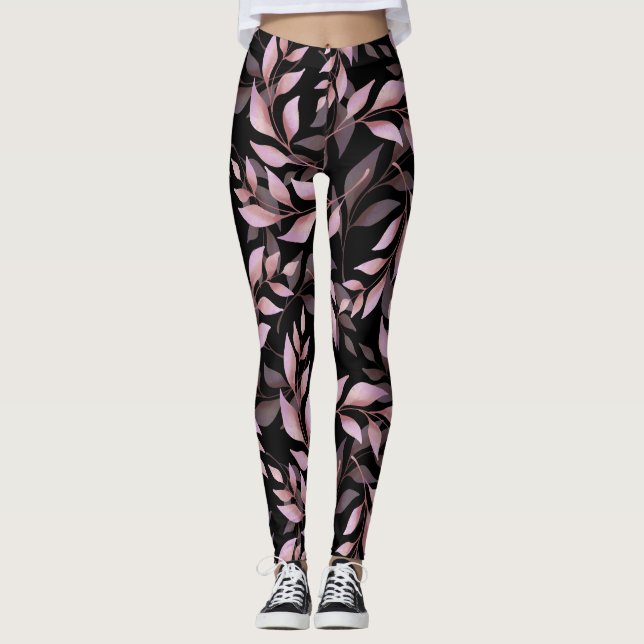 Pastellrosa Blätter auf Schwarz Leggings (Vorderseite)