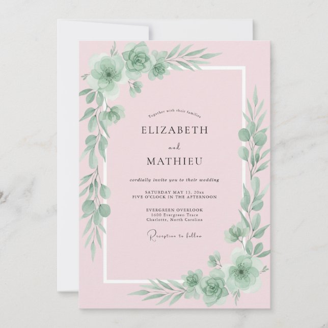 Pastellrosa Blätterhochzeit Einladung (Vorderseite)
