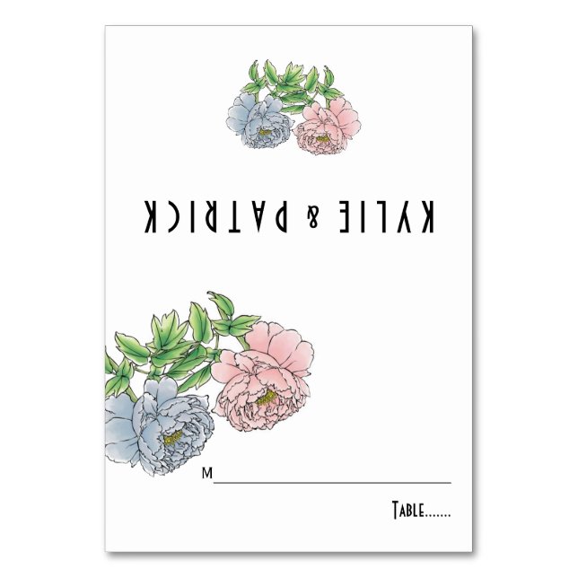 Pastellrosa, blaue florale Hochzeitskarte Tischnummer (Vorderseite)