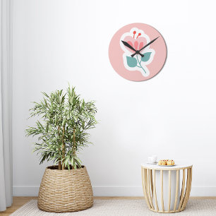 Pastellrosa Blume Blütenblatt mit Stamm Runde Wanduhr