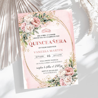 Pastellrosa Blumen Grün 15. Geburtstagseinladung Einladung