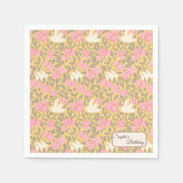Pastellrosa Blumenmuster mit Tauben Serviette (Vorderseite)