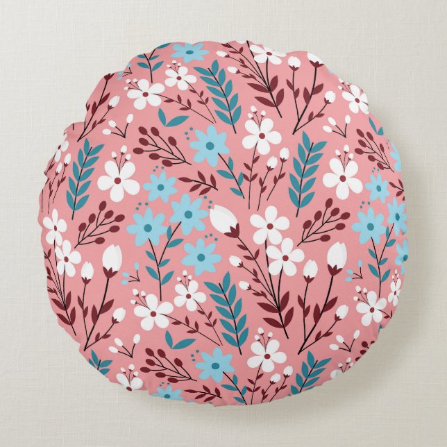 Pastellrosa Blumenmuster Nahtloses Muster. Rundes Kissen (Vorderseite)