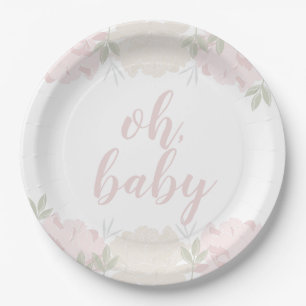 Pastellrosa-Blumenpfingstrosen-oh Baby-Babyparty Pappteller