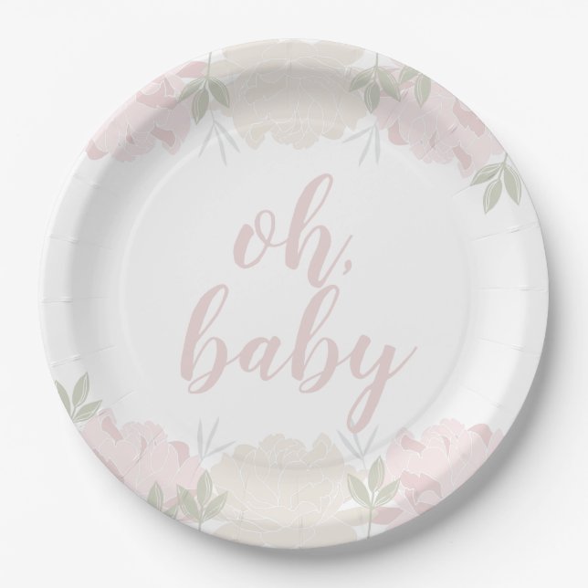 Pastellrosa-Blumenpfingstrosen-oh Baby-Babyparty Pappteller (Vorderseite)