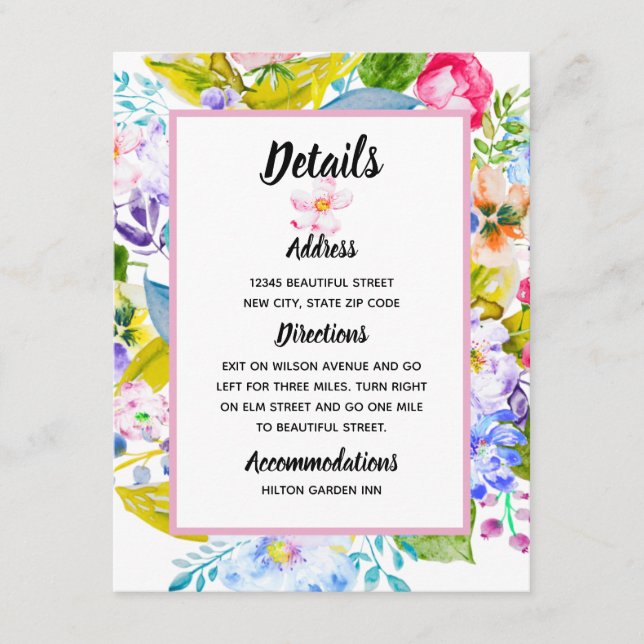 Pastellrosa Blumenromantische Hochzeitdetails Begleitkarte (Vorderseite)