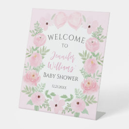 Pastellrosa Bogen Blütenbraun Babydusche Begrüßung Sockelschild