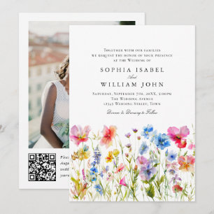 Pastellrosa Boho Wildblumen Hochzeits-QR-Code-Foto Einladung