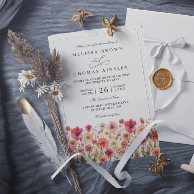 Pastellrosa Boho Wildblumen QR-Code Hochzeit Einladung (Von Creator hochgeladen)