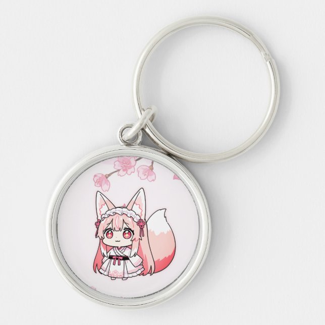 Pastellrosa Chibi Fuchsiemädchen mit Kirschblüte Schlüsselanhänger (Vorne)