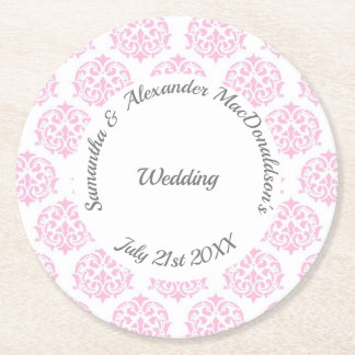 Pastellrosa-Damastenhochzeit Runder Pappuntersetzer